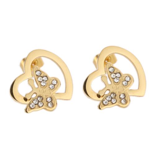 aleación de zinc Arito, Mariposa, chapado en color dorado, para mujer & con diamantes de imitación & hueco, 10mm, Vendido por Par