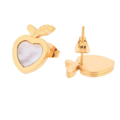 Partículas de acero Arito, con Nácar Blanca, Manzana, chapado en color dorado, Joyería & para mujer, 10mm, Vendido por Par
