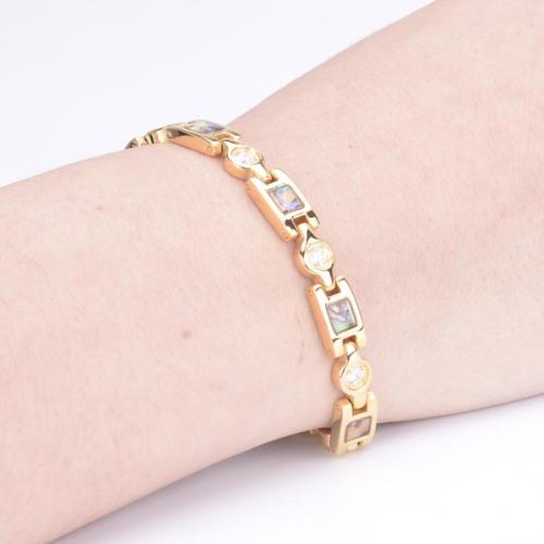 304 Stainless Steel Bracelet, with Shell, plated, for woman & with rhinestone, more colors for choice, Length:Approx 7.6 Inch, Sold By PC