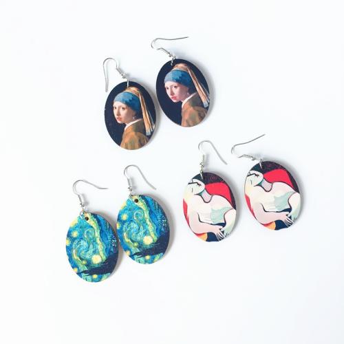 Wood Drop Earring, with Tibetan Style, Oval, printing, different styles for choice & for woman, 30x60mm, Sold By Pair