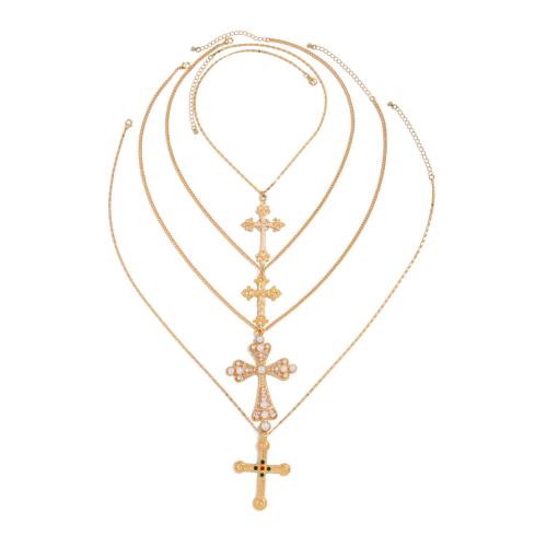 Collar Multi de la capa, aleación de zinc, con cadena de latón & cadena de hierro & Perlas plásticas, chapado, diferentes estilos para la opción & para mujer & con diamantes de imitación, más colores para la opción, Vendido por Set