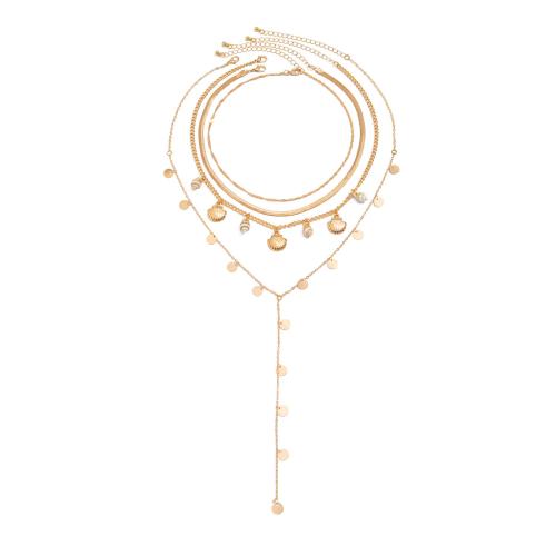 Collar Multi de la capa, aleación de zinc, con Cobre+Recubierto+Hierro & cadena de latón & cadena de hierro & Nácar, chapado, 4 piezas & Joyería & para mujer, dorado, Vendido por Set