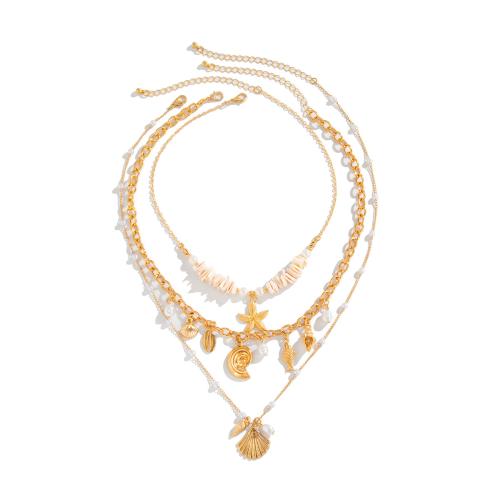Multi Layer Necklace, Tibetan Style, with iron chain & Shell & Plastic Pearl, plated, three pieces & fashion jewelry & for woman, golden, Sold By Set