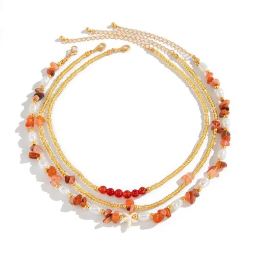Glass Seed Beads Necklace, Seedbead, with Glass Beads & turquoise & Copper Coated Plastic & Plastic Pearl, handmade, three pieces & fashion jewelry & for woman, golden, Sold By Set