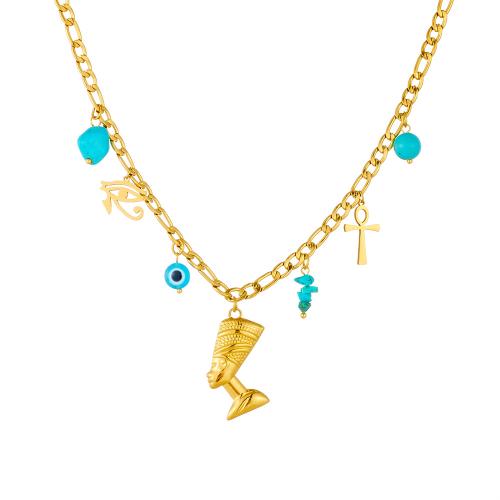 Stainless Steel Jewelry Necklace, 304 Stainless Steel, with turquoise & Plastic, gold color plated, fashion jewelry & for woman, Sold By PC