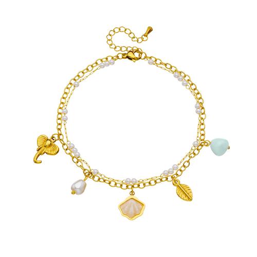 Stainless Steel Anklet, 304 Stainless Steel, with Stone & Shell & Plastic Pearl, plated, Double Layer & fashion jewelry & for woman, golden, Sold By PC