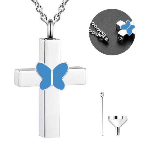 304 Stainless Steel Cinerary Casket Necklace, Cross, silver color plated, DIY, mixed colors, 25x20x6mm, Sold By PC