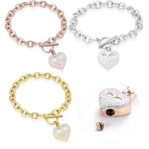 304 Stainless Steel Cinerary Casket Bracelet, Heart, plated, DIY & with rhinestone, more colors for choice, Length:20 cm, Sold By PC
