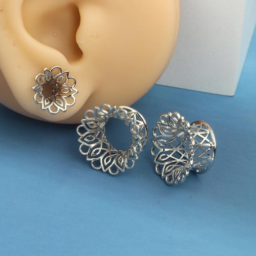 Piercing Tunnel, Brass, Flower, silver color plated, Unisex & different size for choice & hollow, Sold By Pair