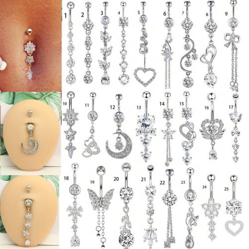 304 Stainless Steel Belly Ring, with Brass, silver color plated, Unisex & different styles for choice & micro pave cubic zirconia, 1.60x10x5mm, Sold By PC