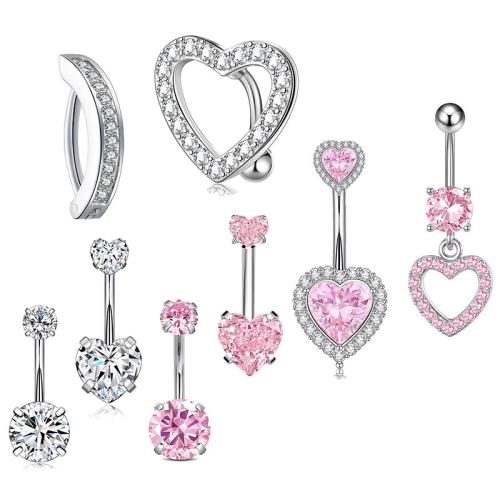304 Stainless Steel Belly Ring, with Brass, silver color plated, Unisex & different styles for choice & micro pave cubic zirconia, 1.60x10x5mm, Sold By PC