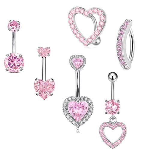 304 Stainless Steel Belly Ring, with Brass, silver color plated, Unisex & different styles for choice & micro pave cubic zirconia, 1.60x10x5mm, Sold By PC