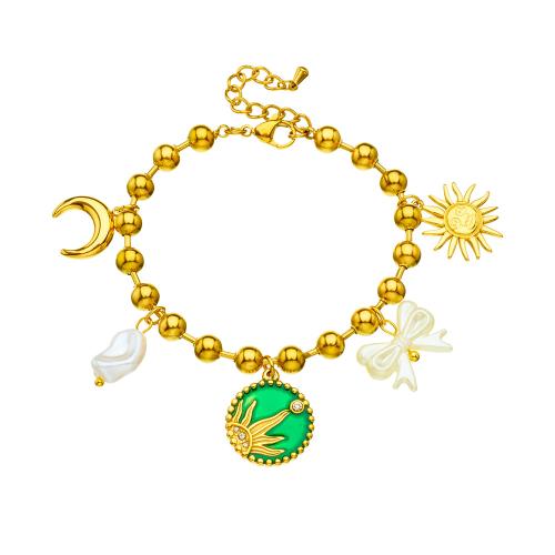 Bijoux bracelet en acier inoxydable, Acier inoxydable 304, avec perle de plastique, Placage de couleur d'or, pour femme & émail & avec strass, Vendu par PC