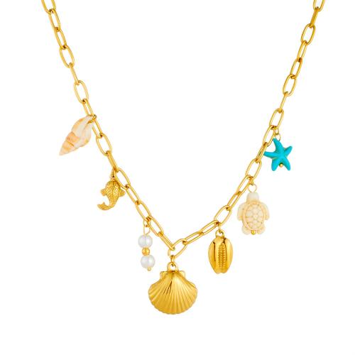Collar de acero inoxidable de la joyería, acero inoxidable 304, con turquesa & Nácar & Perlas plásticas, chapado en color dorado, para mujer, Vendido por UD