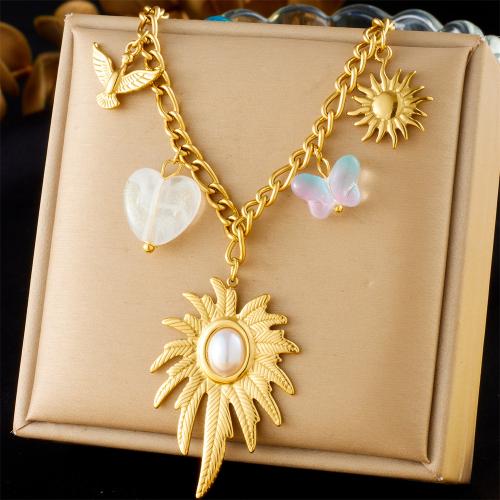 Collar de acero inoxidable de la joyería, acero inoxidable 304, con Plástico & Perlas plásticas, chapado, diferentes estilos para la opción & para mujer, dorado, Vendido por UD