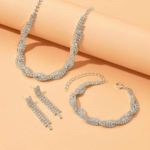 Rhinestone Jewelry Sets, Stud Earring & bracelet & necklace, Iron, three pieces & for woman & with rhinestone, silver color, Sold By Set
