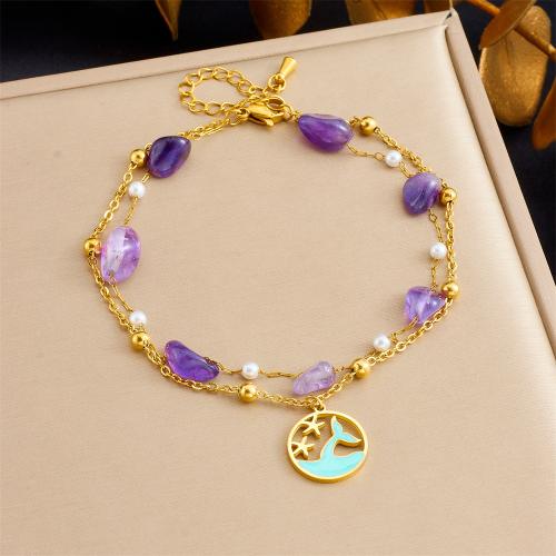 Anklet de acero inoxidable, acero inoxidable 304, con piedracálculo, chapado, Doble capa & diferentes estilos para la opción & para mujer & esmalte, dorado, Vendido por UD