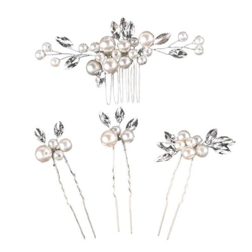 Mixed Hair Accessories, Tibetan Style, with brass wire & Rhinestone & Plastic Pearl, handmade, 4 pieces & fashion jewelry & for bridal, silver color, Sold By Set