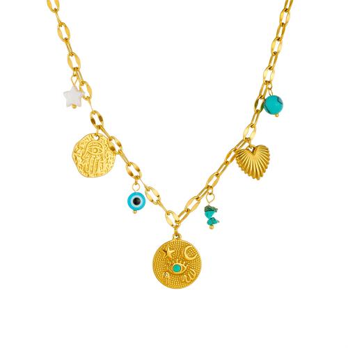 Collar de acero inoxidable de la joyería, acero inoxidable 304, con turquesa & Plástico, chapado, para mujer, dorado, Vendido por UD
