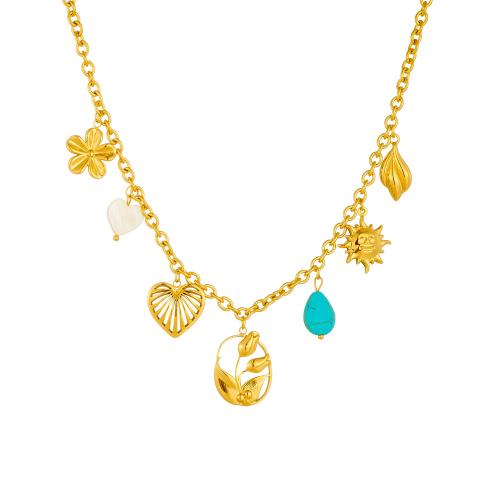 Stainless Steel Jewelry Necklace, 304 Stainless Steel, with turquoise & Shell, gold color plated, fashion jewelry & for woman, Sold By PC