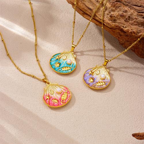 Stainless Steel Jewelry Necklace, 304 Stainless Steel, with Plastic Pearl, gold color plated, fashion jewelry & for woman & enamel, more colors for choice, Sold By PC