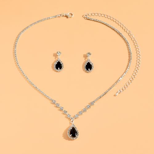 Tibetan Style Jewelry Sets, Stud Earring & necklace, with Cubic Zirconia, plated, 2 pieces & for bridal & with rhinestone, more colors for choice, Sold By Set