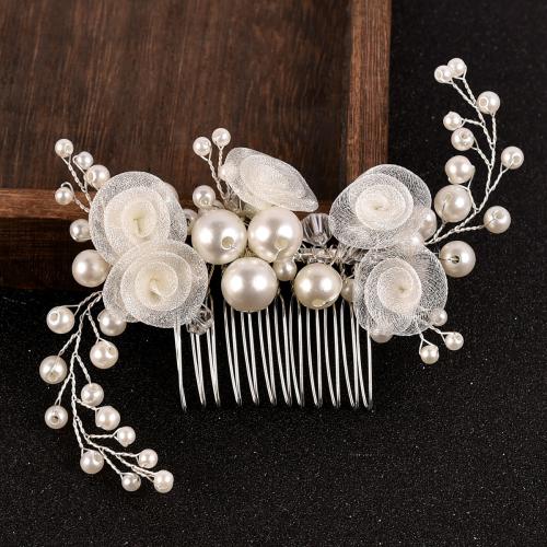 Bridal Decorative Hair Comb, Tibetan Style, with Gauze & brass wire & Crystal & Plastic Pearl, handmade, fashion jewelry & for bridal, white, 180x50x10mm, Sold By Set
