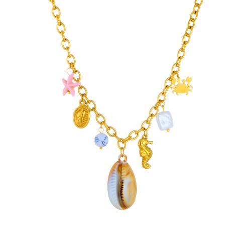 Stainless Steel Jewelry Necklace, 304 Stainless Steel, with Trumpet Shell & Resin & Plastic Pearl, plated, fashion jewelry & for woman, golden, Sold By PC