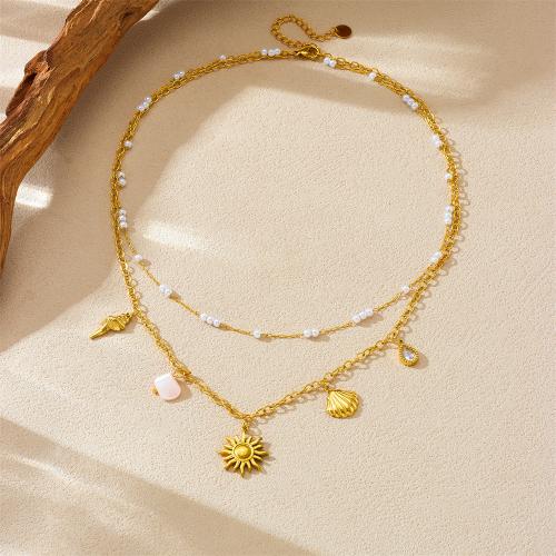 Stainless Steel Jewelry Necklace, 304 Stainless Steel, with Resin & Plastic Pearl, plated, Double Layer & different styles for choice & for woman, golden, Sold By PC