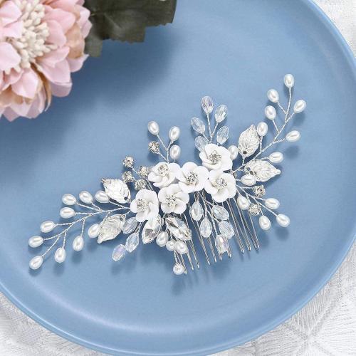 Bridal Decorative Hair Comb, Plastic Pearl, with brass wire & Polymer Clay & Crystal, handmade, fashion jewelry & for woman & with rhinestone, silver color, 150x80mm, Sold By Set