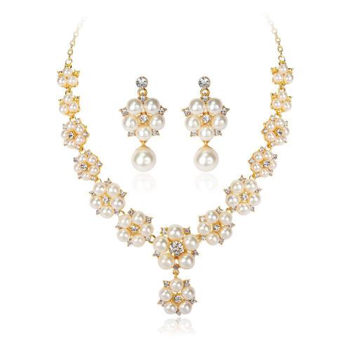 Tibetan Style Jewelry Sets, Stud Earring & necklace, with Plastic Pearl, plated, 2 pieces & for bridal & with rhinestone, more colors for choice, Sold By Set
