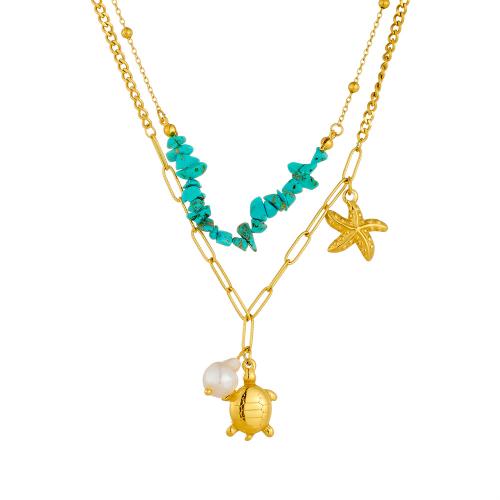 Stainless Steel Jewelry Necklace, 304 Stainless Steel, with turquoise & Plastic Pearl, plated, Double Layer & fashion jewelry & for woman, golden, Sold By PC