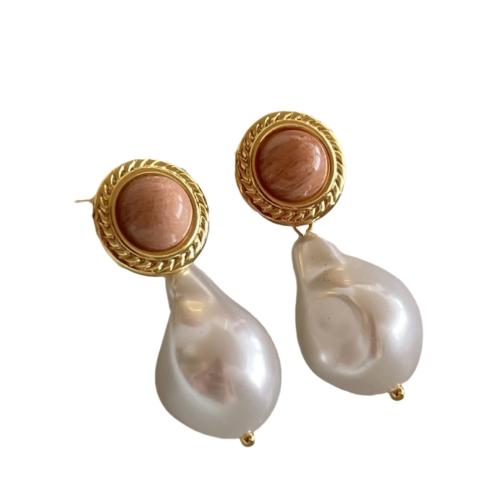 Brass Drop Earring, with Plastic Pearl, plated, fashion jewelry & for woman, pink, 41x18mm, Sold By Pair