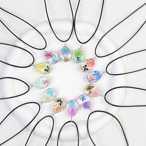Vidrio collar, con Flores secas & Cuero de PU, Gota, hecho a mano, Joyería & para mujer, más colores para la opción, longitud:aproximado 17.7 Inch, Vendido por UD