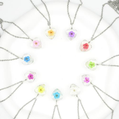 Glass Necklace, with 304 Stainless Steel Chain & Dried Flower, Heart, handmade, fashion jewelry & for woman, more colors for choice, Length:Approx 16-20 Inch, Sold By PC