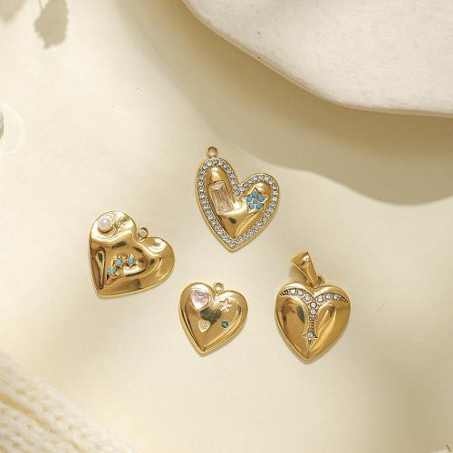 304 Stainless Steel Pendant, with Plastic Pearl, Heart, gold color plated, DIY & enamel & with rhinestone, more colors for choice, nickel, lead & cadmium free, 10PCs/Bag, Sold By Bag