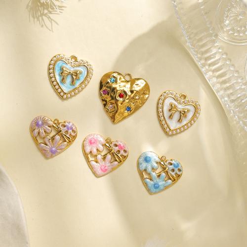 304 Stainless Steel Pendant, with Plastic Pearl, Heart, gold color plated, DIY & enamel & with rhinestone, more colors for choice, nickel, lead & cadmium free, 10PCs/Bag, Sold By Bag