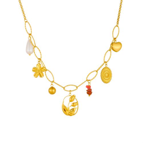 Stainless Steel Jewelry Necklace, 304 Stainless Steel, with Stone & Plastic Pearl, gold color plated, fashion jewelry & for woman, Sold By PC