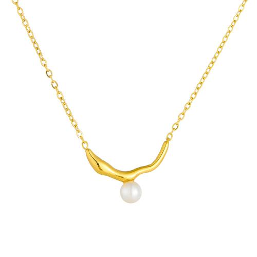 Stainless Steel Jewelry Necklace, 304 Stainless Steel, with Plastic Pearl, gold color plated, fashion jewelry & for woman, Sold By PC