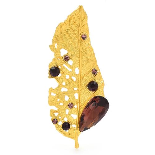 aleación de zinc broche, con diamantes de imitación, Hoja, chapado, Joyería & para mujer & hueco, color de oro antiguo, 70x30x20mm, Vendido por UD