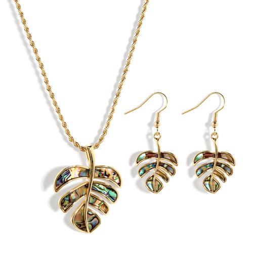 Abalone Shell Jewelry Set, earring & necklace, with iron chain & Tibetan Style, Leaf, plated, 2 pieces & for woman & hollow, more colors for choice, Sold By Set
