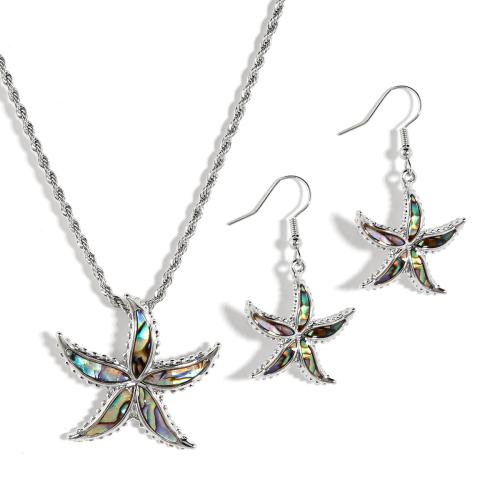 Abalone Shell Jewelry Set, earring & necklace, with iron chain & Tibetan Style, Starfish, plated, 2 pieces & fashion jewelry & for woman, more colors for choice, Sold By Set