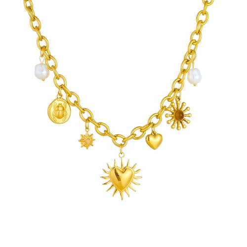 Stainless Steel Jewelry Necklace, 304 Stainless Steel, with Resin & Plastic Pearl, gold color plated, fashion jewelry & for woman, Sold By PC
