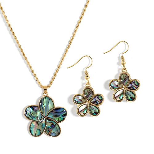 Abalone Shell Jewelry Set, sweater chain necklace & earring, with iron chain & Tibetan Style, Flower, plated, 2 pieces & fashion jewelry & for woman, more colors for choice, Sold By Set