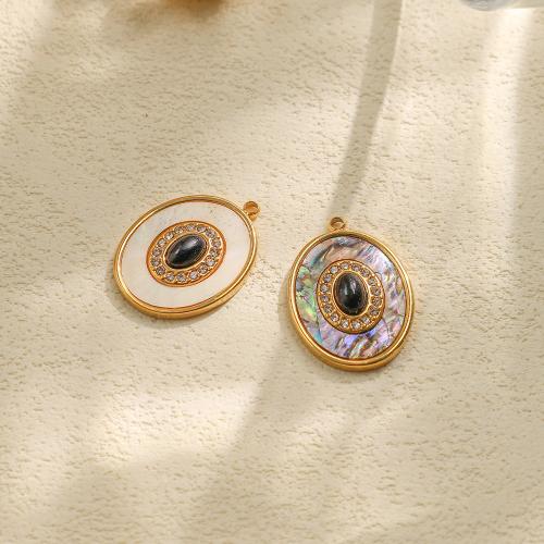 304 Stainless Steel Pendant, with White Shell, Ellipse, gold color plated, DIY & with rhinestone, more colors for choice, nickel, lead & cadmium free, 10PCs/Bag, Sold By Bag