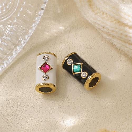 304 Stainless Steel Beads, Tube, gold color plated, DIY & enamel & with rhinestone, more colors for choice, nickel, lead & cadmium free, 10PCs/Bag, Sold By Bag