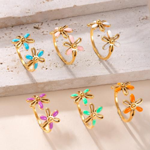 304 Stainless Steel Cuff Finger Ring, Flower, gold color plated, for woman & enamel & hollow, more colors for choice, Sold By PC
