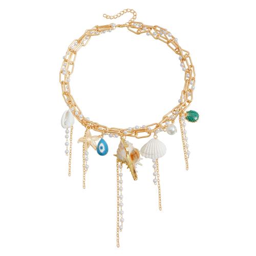 Tibetan Style Fringe Necklace, with Shell & Trumpet Shell & Plastic Pearl, plated, fashion jewelry & for woman & enamel, golden, Sold By PC