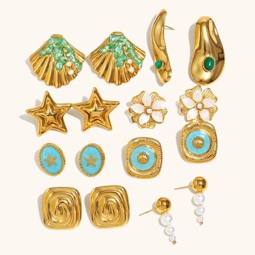 Stainless Steel Stud Earrings, 304 Stainless Steel, with Natural Stone & Resin & Plastic Pearl, Fish, gold color plated, fashion jewelry & different styles for choice & enamel, more colors for choice, Sold By PC