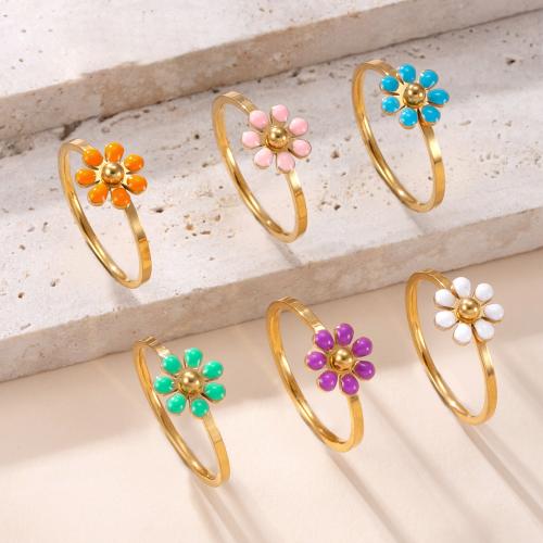Enamel Stainless Steel Finger Ring, 304 Stainless Steel, Flower, gold color plated, Unisex & different size for choice, more colors for choice, Sold By PC